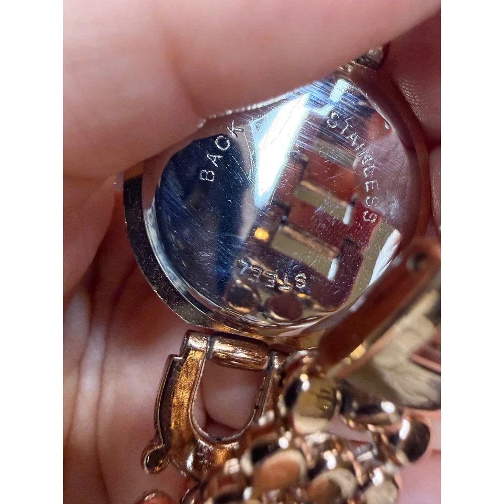 Belle & Rose Gold Tone Rhinestone Bezel Quartz Watch Fleur-de-Lis Dial